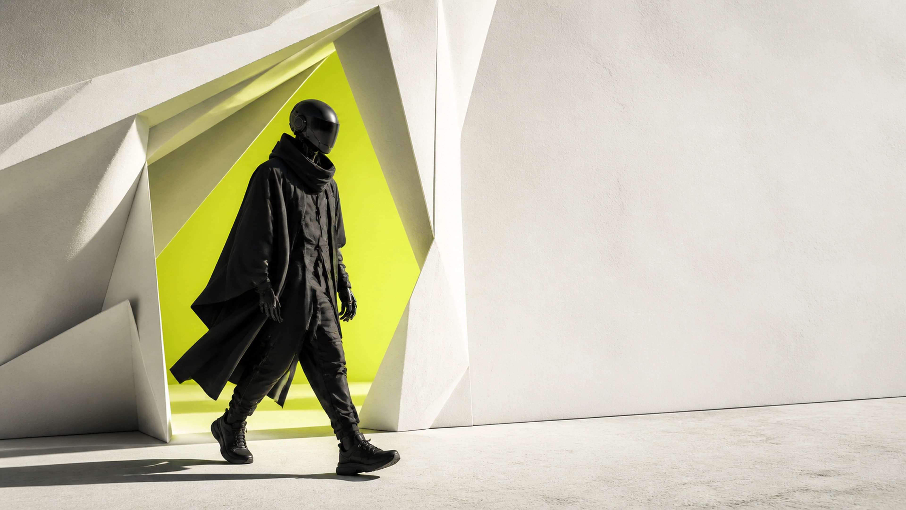 Original black collectible walking through a bright geometric market threshold