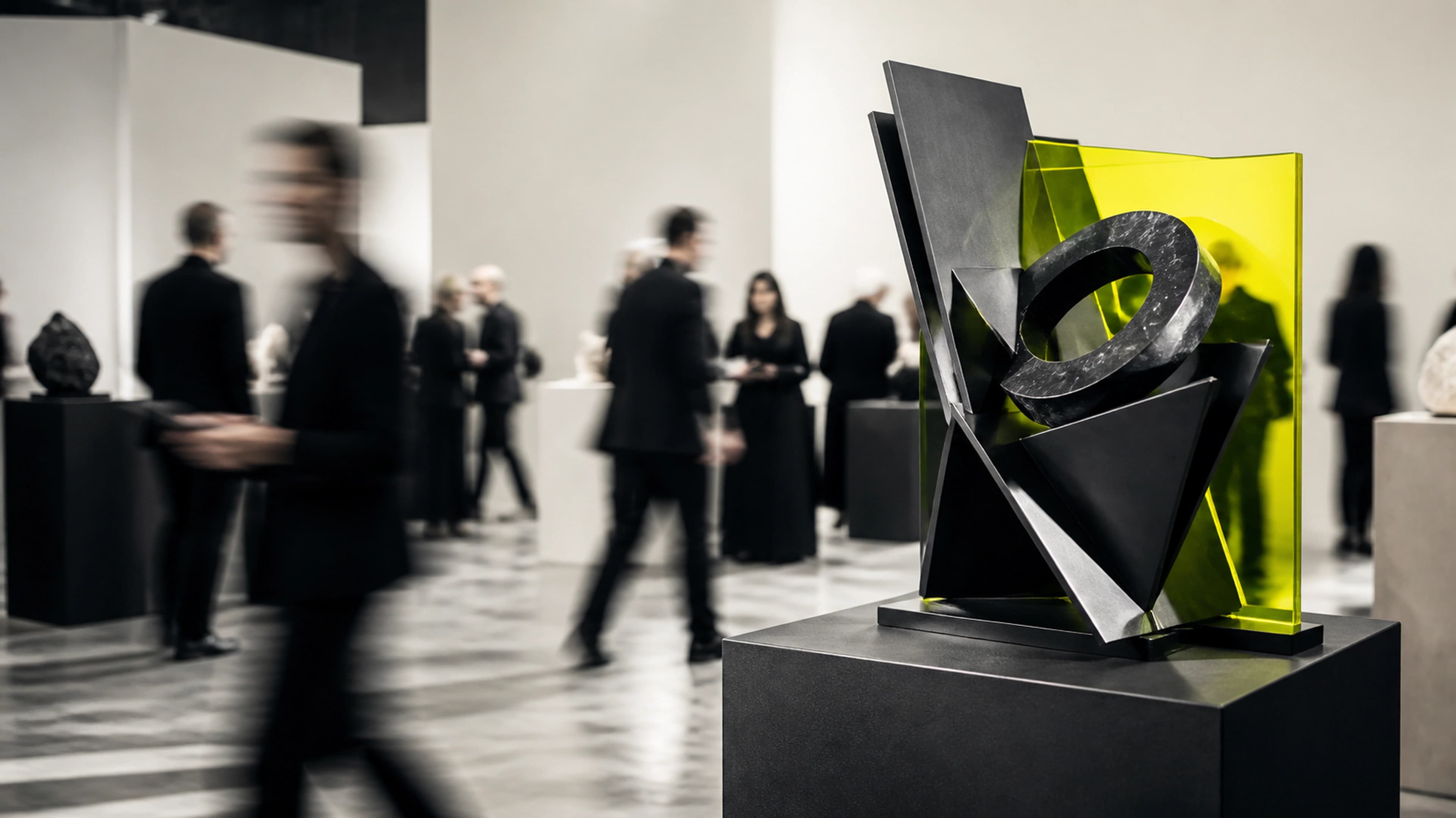 Abstract sculpture at a busy contemporary auction floor